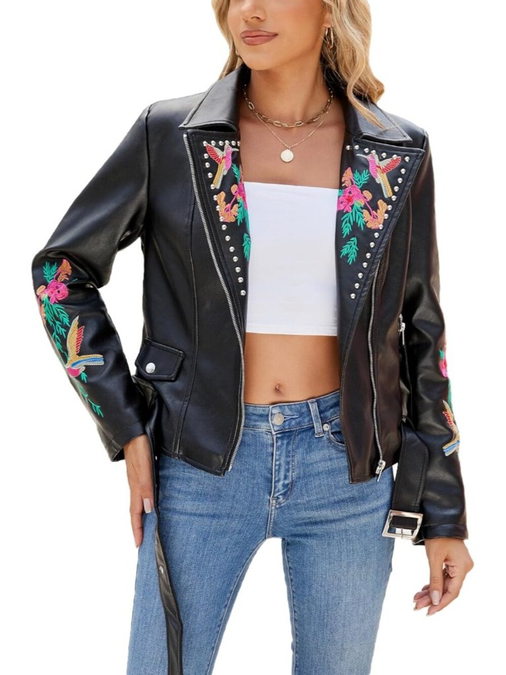 Women's Black Slim Spring Faux Leather Jacket Fall Pockets Floral Moto Coat